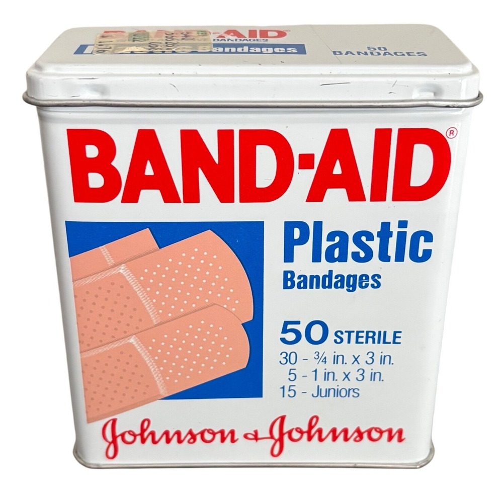 Vintage 1983 Johnson & Johnson Band-Aid Tin | Plastic Bandages Tin w Contents
